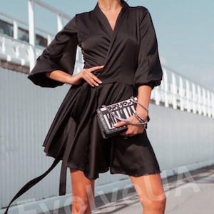 Black Satin Wrap Mini Dress with Long Sleeves, Elegant V-Neck Belted Short Dress for Cocktail Parties or Evening Events