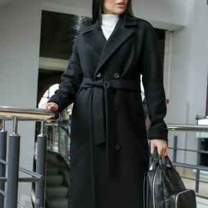 Black wool coat women, Wool Wrap Coat, Womens Wool Coat with belt, Elegant Wool Coat, Green Minimalist Coat for Women, Long Wrap Coat