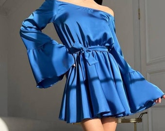 Electric Blue Silk Romper, Women's Long Sleeve Jumpsuit