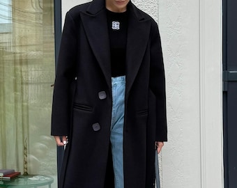 Black Wool Coat Women, Belted Elegant Spring Fall Outerwear