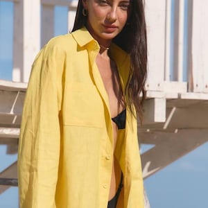 Yellow Linen Shirt for Women Oversized, Natural Linen Top with Long Sleeves for Women, Yellow Linen Collared Shirt Oversized Style