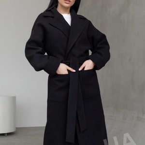 Black wool Robe Coat women, Fall Womens Wool Coat with belt, Wrap Oversized Wool Coat, Black Minimalist Coat for Women, Wool Oversized Coat