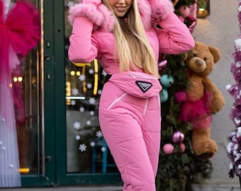 Pink Women Ski Jumpsuit, Winter Snow Suit for Women, Warm Overalls Womens, Snowboarding suit women, Ski One-piece for Women, Snowsuit