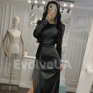 Black Floor long Silk Dress, Black Silk Maxi Dress, Elegant Silk Dress Long Sleeve, Silk Modest Dress Maxi length image 1
