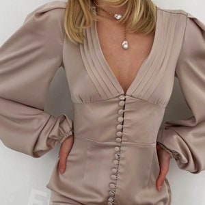 Satin Midi Bodycon Dress with Front buttons and Wide bishop sleeves, Silk Satin Midi Dress, Satin Wedding guest dress