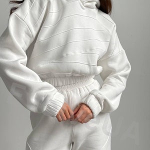 White Winter Tracksuit for Women, Crop Hoodie and Pants Set for Women, White Warm Loungewear Womens, Warm French terry suit for Women