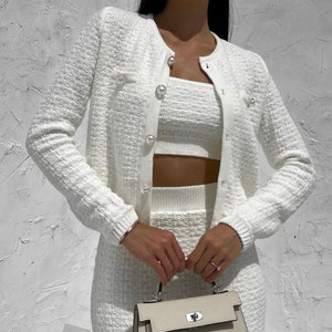 Vintage White Lace Pleat Skirt Blazer Set main image 1