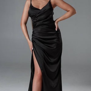 Black Silk slip maxi dress for women, Bridesmaid Silk Slip dress maxi, Deep V-neck Silk Slip Maxi Dress, Black maxi slip with side slit