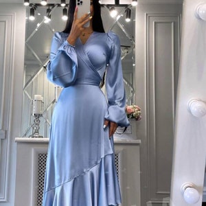 Light blue satin wrap dress top