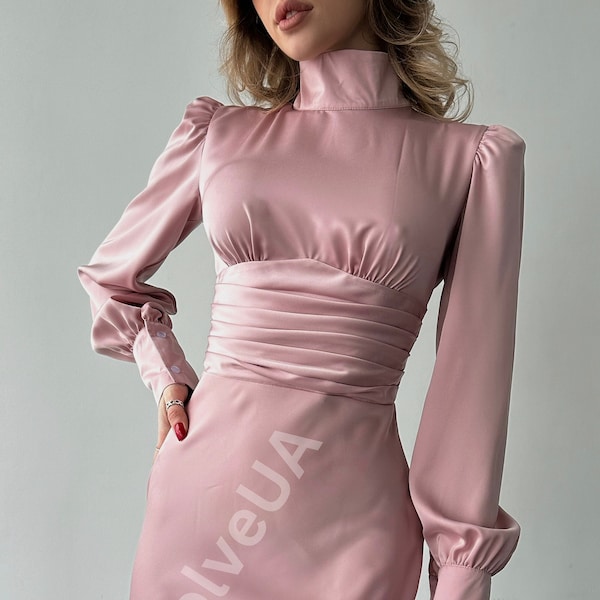 Dusty Pink Silk Open Back Dress with Long Sleeves, Dusty Pink Silk Midi Dress with Bishop Sleeves, Silk Turtleneck Dress with Open Back