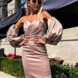 Beige Gold Satin Midi Dress with Detachable Sleeves, Puffed Sleeves Midi Dress for Women Wedding Guest Satin Dress Satin Sleeveless Dress