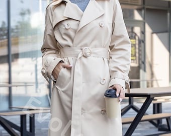Ivory White Trench Coat With Buttons and Belt for Women Ivory White Trench Coat With Buttons and Belt for Women
