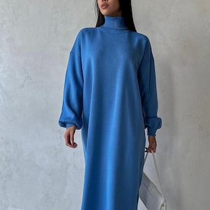 Blue Wool Knitted Sweaterdress for Women, Warm Long Dress for Women, Blue Knit Wool Dress for Winter, Knit Sweater Dress for Women
