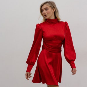 Red Satin Mini Dress with Bow Back, Long Sleeve Open Back Dress for Date Night, Holiday Party, Romantic Dinner or Special Occasion Look