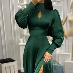 Emerald Green silk maxi dress with bishop sleeves and side slit, Green Silk fit and flare dress for women, Wedding guest dress silk