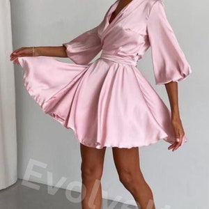 Light Pink Silk Wrap Dress Pink Silk Mini Dress Wrap Style, Wedding guest Silk Mini Dress, Bracelet Sleeves Silk Wrap Dress