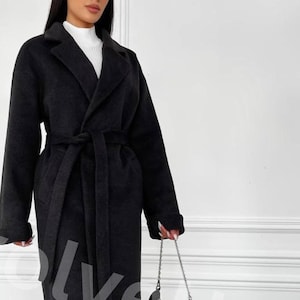 Black Long Winter Coat for Women, Wool Buttoned Winter Coat with Belt for women, Elegant and Classy Long Wool Outerwear Womens