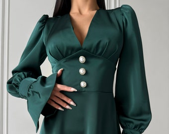 Emerald Green Satin Midi Dress with Long Sleeves, Green Silk Midi Wedding guest Dress, Silk Deep V-neck Dress with Ruffle Cuffs