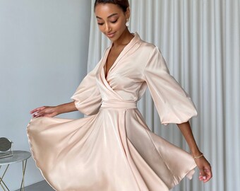 Cream Silk Wrap Dress of Mini Length for Women, Silk Wrap Dress for Special Occasions, Creamy Silk Dress with Sleeves