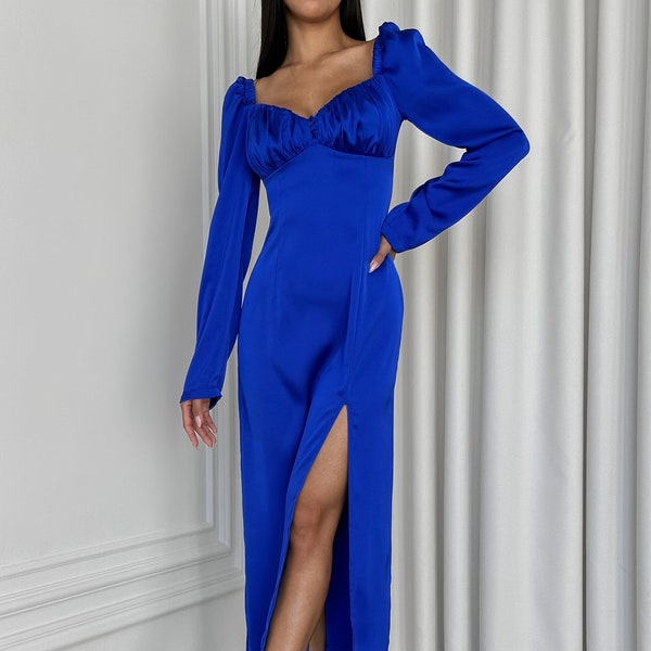 Royal Blue Silk Midi Dress with Long sleeves, Elegant Fall Dress for Evening, Side Slit Midi Dress Voluminous Sleeves, Wedding Guest Dress