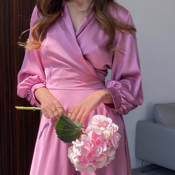 Pink Silk Wrap Dress, Pink Silk Mini Dress Wrap Style, Birthday Women Silk Mini Dress, Silk Bridesmaid Mini Dress, Wedding Guest Dress