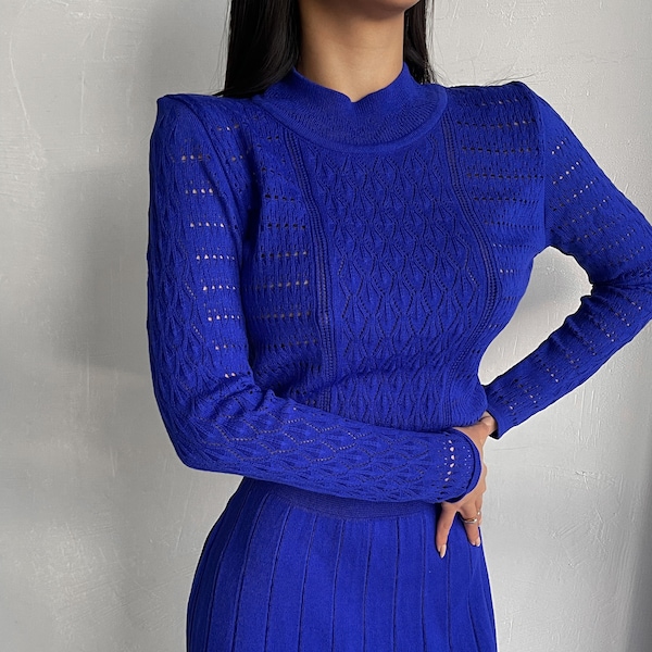 Blue Midi Hollow Out Dress with Pleated Skirt, Modest Midi Dress for Women, Knit Midi Dress Womens, Knit Modest Dress Electric Blue