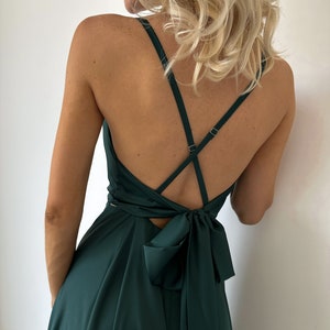 Emerald Silk Midi Dress without Sleeves, Silk Open Back Midi Slip Dress for Special Occasions, Forest Green Silk Midi dress for Bridesmaids