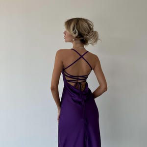 Purple Silk Slip Midi Dress with Cowl Neck and Tied back for Special occasions, Bridesmaids, Birthday Girls, Garden Parties or Wedding Guest