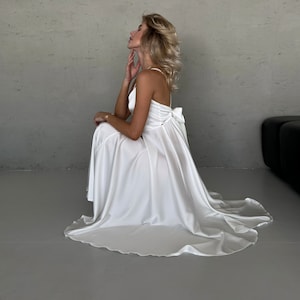 White Silk Midi Dress with Open back, White Silk Bridesmaid Midi Dress, White Maid of Honor Silk Dress, Silk V-neck Midi Dress for Women
