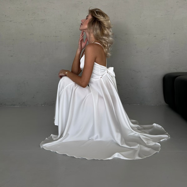 Witte zijden midi-jurk met open rug, witte zijden bruidsmeisjes midi-jurk, witte bruidsmeisje zijden jurk, zijden v-hals midi-jurk voor dames