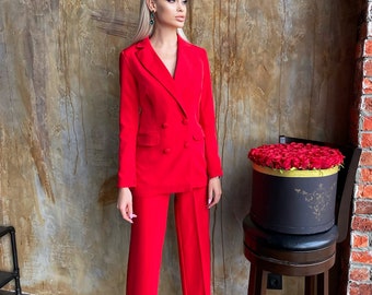 petite red pantsuit