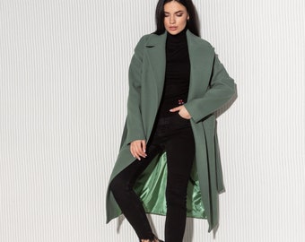 Green wool coat women, Wool Wrap Coat, Womens Wool Coat with belt, Elegant Wool Coat, Green Minimalist Coat for Women, Long Wrap Coat
