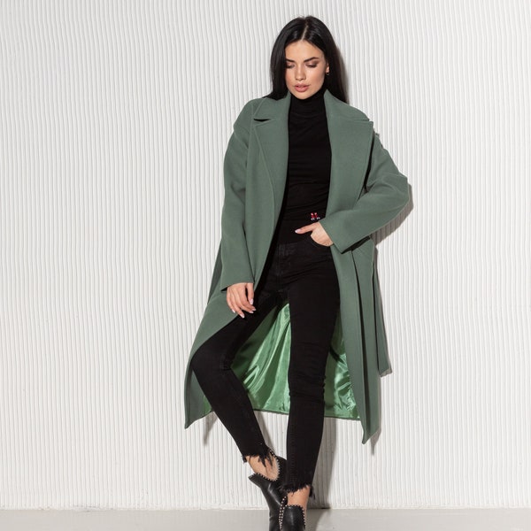 Green wool coat women, Wool Wrap Coat, Womens Wool Coat with belt, Elegant Wool Coat, Green Minimalist Coat for Women, Long Wrap Coat