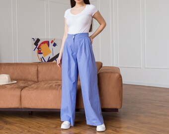 Blue linen palazzo pants for hot summer, Lined Wide leg Pants for women, high waist linen pants for women, summer pants women