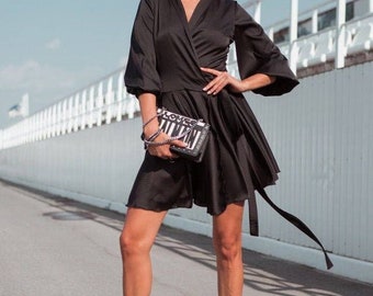 Black Silk Wrap Dress of Mini Length for Women, Silk Wrap Dress for Special Occasions, Black Silk Dress with Sleeves