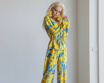 Yellow Floral pants suit for women with wide leg pants and wrap blazer, Silk Floral Pantsuit for Women Summer Blazer trouser for women
