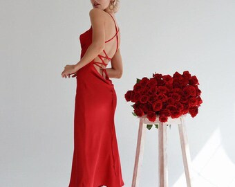 red satin slip dress long