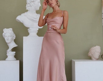 Dusty Pink Silk Slip Dress with Cowl Neck for Special Occasions, Backless Pink Midi Slip Dress, Sheath Dress for Bridesmaids, Birthday Girls