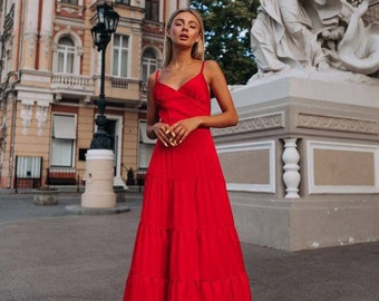 Robe Maxi en soie rouge pour femmes, Robe Maxi slip en soie, Robe longue en soie pour femmes, Robe en soie d’invité de mariage rouge longue