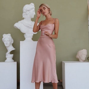 Dusty Pink Silk Slip Dress with Cowl Neck for Special Occasions, Backless Pink Midi Slip Dress, Sheath Dress for Bridesmaids, Birthday Girls