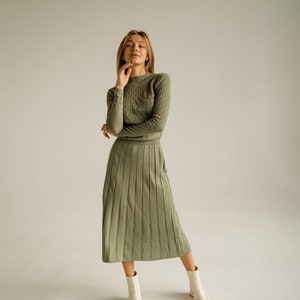 Olive Green Midi Hollow Out Dress with Pleated Skirt, Modest Midi Dress for Women, Knit Midi Dress Womens, Knit Modest Dress