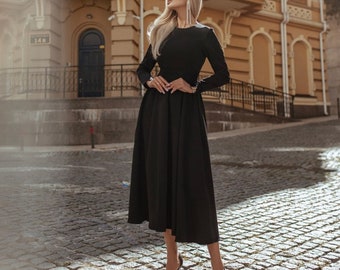 Black Midi Modest Dress for Women, Black fit and flare midi dress with circle skirt, Long Sleeve modest midi dress