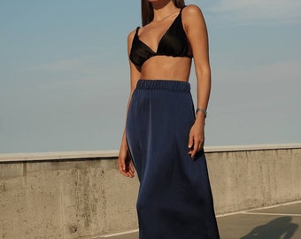 Navy Blue Silk Midi Skirt, High waisted skirt for Office and Formal Meetings, Women's Silk Skirt, Minimalist Midi skirt, Modest Skirt Womens