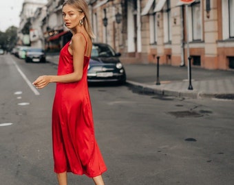 Red Silk Slip Dress for Special Occasions and Everyday, Satin Slip Dress for Summer, Silk Camisole Dress, Silk Midi Dress, Summer Dress