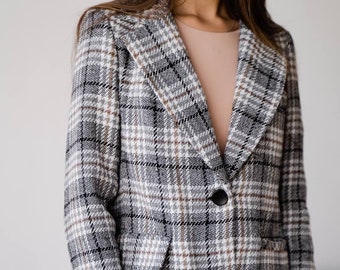 Womens Wool Blazer Houndstooth, Oversized Wool Blazer for Women, Single Breasted Wool Blazer, Warm Wool Blazer for Women