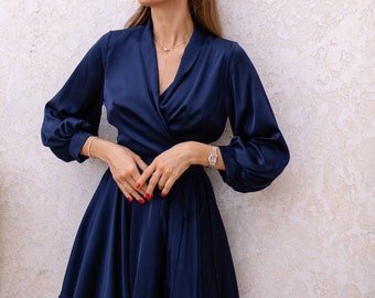 Navy Blue Silk Wrap Mini Dress, Special Occasion Silk Dress Wedding Guest Silk Dress Emerald Dark Blue Silk Dress with Long Sleeves