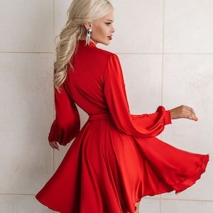 Red Silk Wrap Mini Dress, Special Occasion Silk Dress Wedding Guest Silk Dress red Silk Dress with Long Sleeves, Red mini dress with sleeves