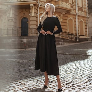 Black Midi Modest Dress for Women, Black fit and flare midi dress with circle skirt, Long Sleeve modest midi dress image 1