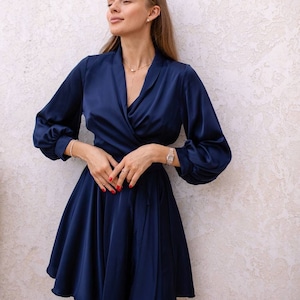 Navy Blue Silk Wrap Mini Dress, Special Occasion Silk Dress Wedding Guest Silk Dress Emerald Dark Blue Silk Dress with Long Sleeves image 1