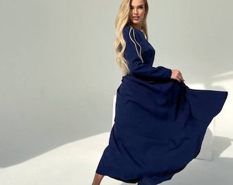 Navy Blue Midi Modest Dress for Women 